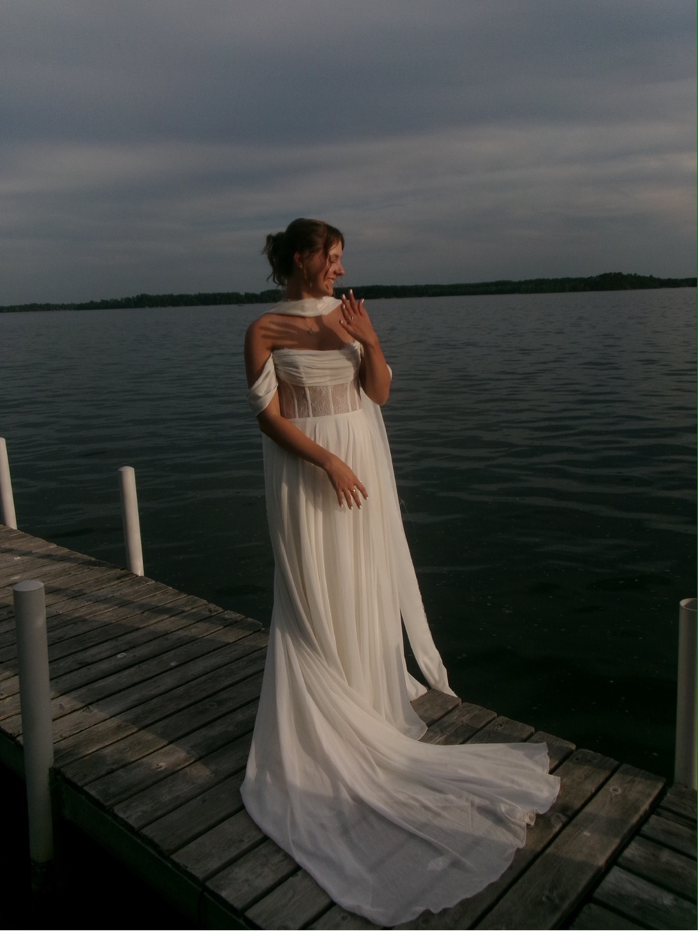 Jenny Yoo White Off-Shoulder Sheer-Bodice Wedding Gown